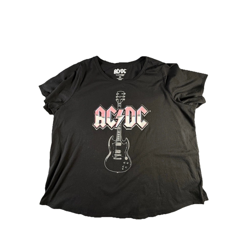 AC/DC  Band Graphic T-Shirt Ladies 2X Black‎ Pink Short Sleeve  Vintage Soft